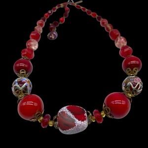 Vintage Venetian Red Glass Wedding Cake Graduated Bead Necklace Adjustable